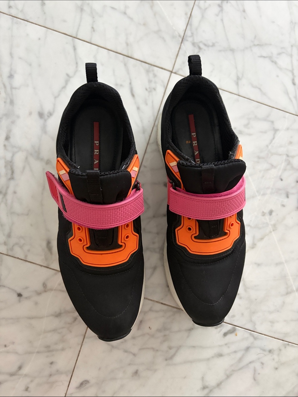 Prada Black Sneakers with Pink Strap and Orange Details